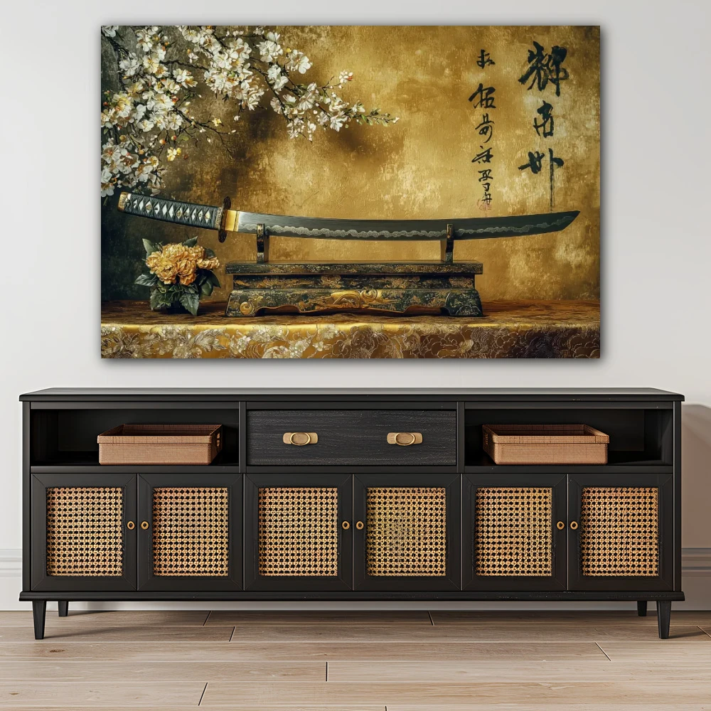 Wall Art titled: Path of the Warrior in a Horizontal format with: Golden, and Brown Colors; Decoration the Sideboard wall