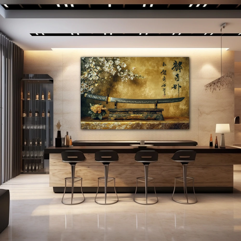 Wall Art titled: Path of the Warrior in a Horizontal format with: Golden, and Brown Colors; Decoration the Bar wall