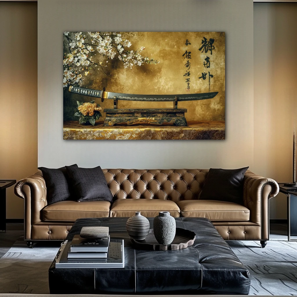 Wall Art titled: Path of the Warrior in a Horizontal format with: Golden, and Brown Colors; Decoration the Above Couch wall