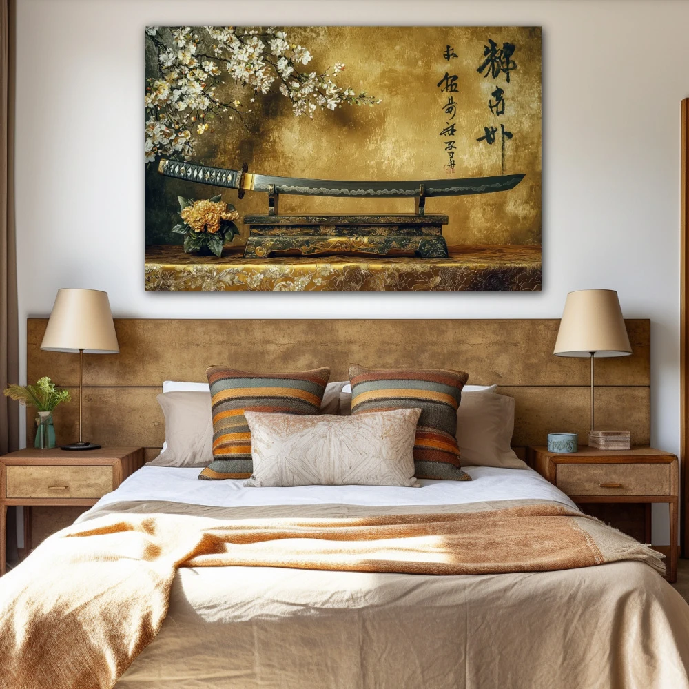 Wall Art titled: Path of the Warrior in a Horizontal format with: Golden, and Brown Colors; Decoration the Bedroom wall