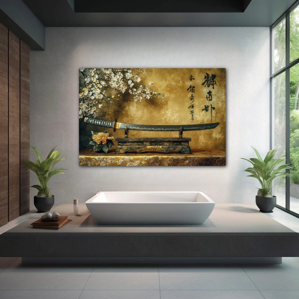 Wall Art titled: Path of the Warrior in a Horizontal format with: Golden, and Brown Colors; Decoration the Wellbeing wall