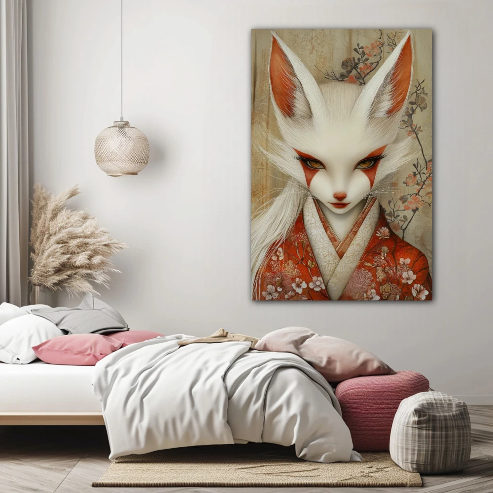 Wall Art titled: Fable of Silk and Wind in a Vertical format with: Red, and Pastel Colors; Decoration the Bedroom wall