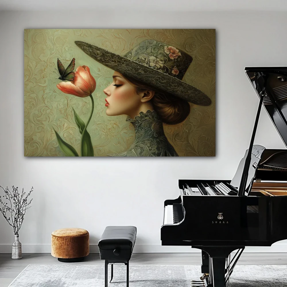 Wall Art titled: The Sigh of a Flower in a Horizontal format with: and Green Colors; Decoration the White Wall wall