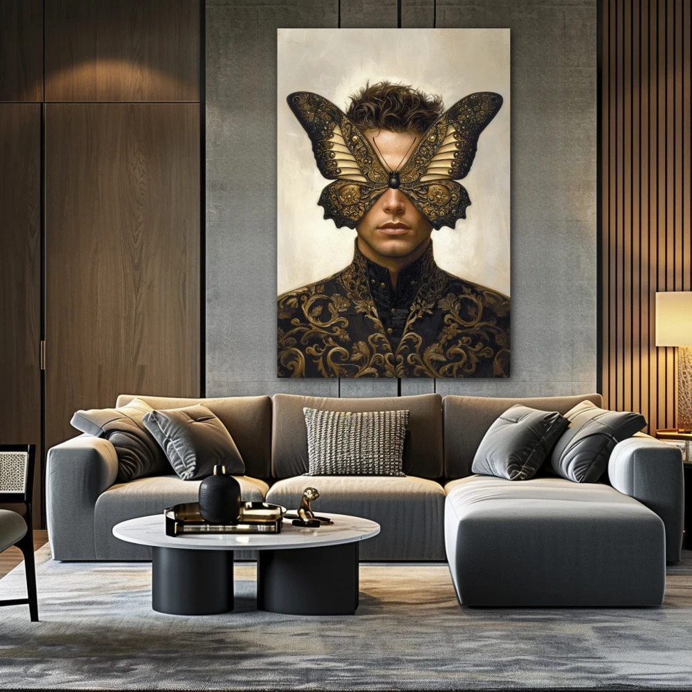 Wall Art titled: Golden Metamorphosis in a Vertical format with: and Golden Colors; Decoration the Above Couch wall