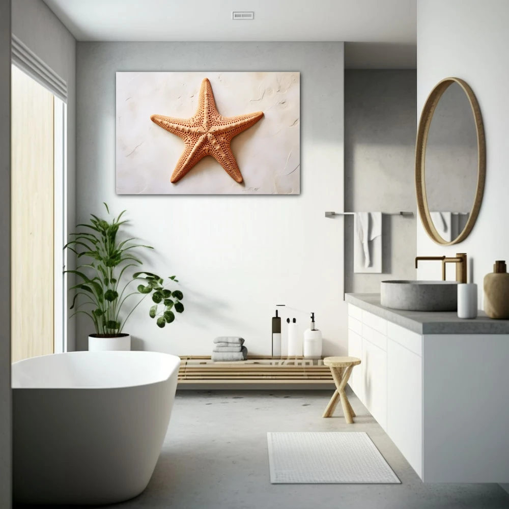 Cuadro la estrella del mar en formato horizontal con colores marrón, beige; decorando pared de baño