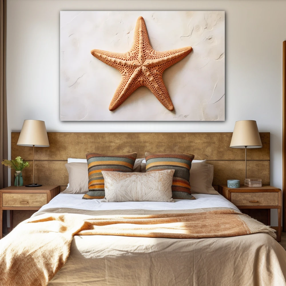 Cuadro la estrella del mar en formato horizontal con colores marrón, beige; decorando pared de habitación dormitorio