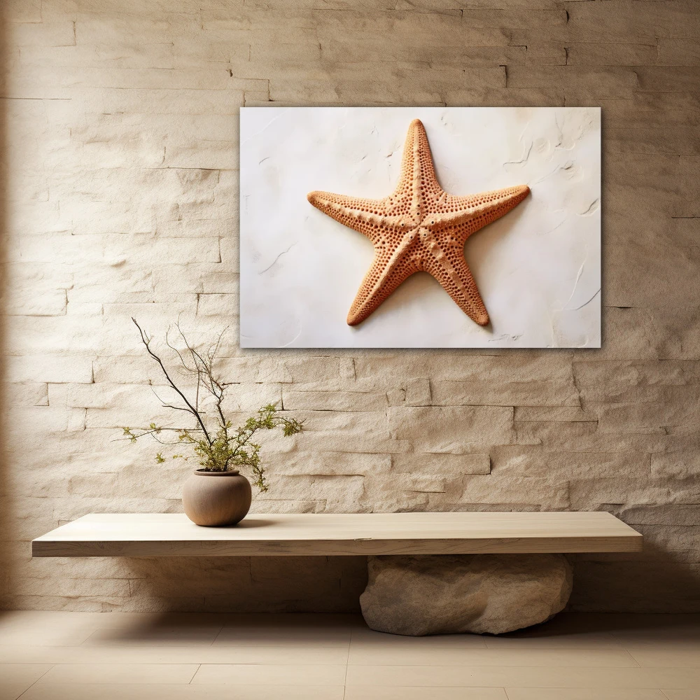 Cuadro la estrella del mar en formato horizontal con colores marrón, beige; decorando pared piedra