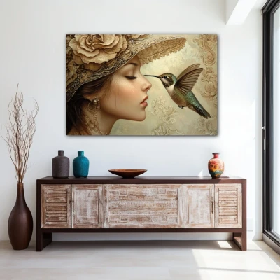 Wall Art titled: Whispers of the Hummingbird in a Horizontal format with: Golden, Brown, and Beige Colors; Decoration the Entryway wall Wall Art titled: Whispers of the Hummingbird in a Horizontal format with: Golden, Brown, and Beige Colors; Decoration the Entryway wall