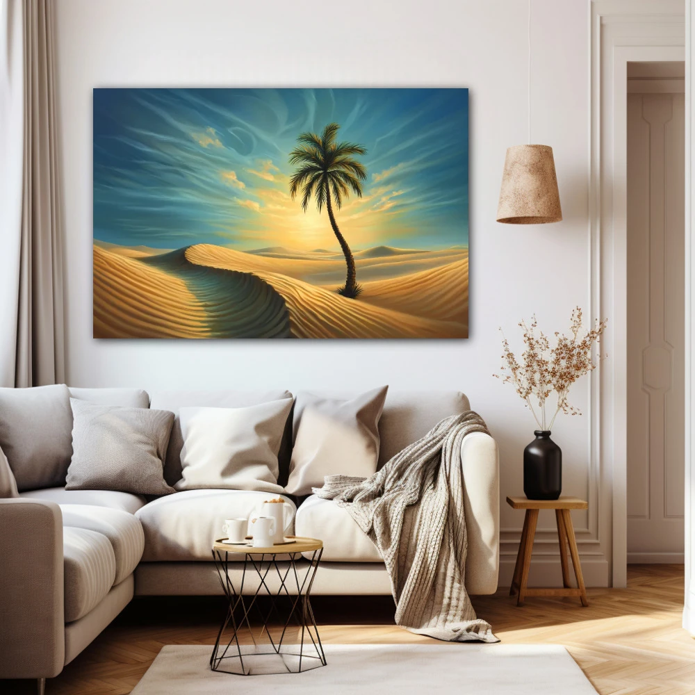Cuadro oasis de esperanza en formato horizontal con colores celeste, marrón, beige; decorando pared beige