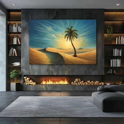 Cuadro oasis de esperanza en formato horizontal con colores celeste, marrón, beige; decorando pared de chimenea