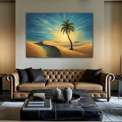 Cuadro oasis de esperanza en formato horizontal con colores celeste, marrón, beige; decorando pared de encima del sofá