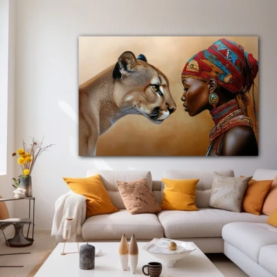 Cuadro Susurros del alma salvaje en formato horizontal con colores Dorado, Marrón, Beige; Decorando Pared blanca