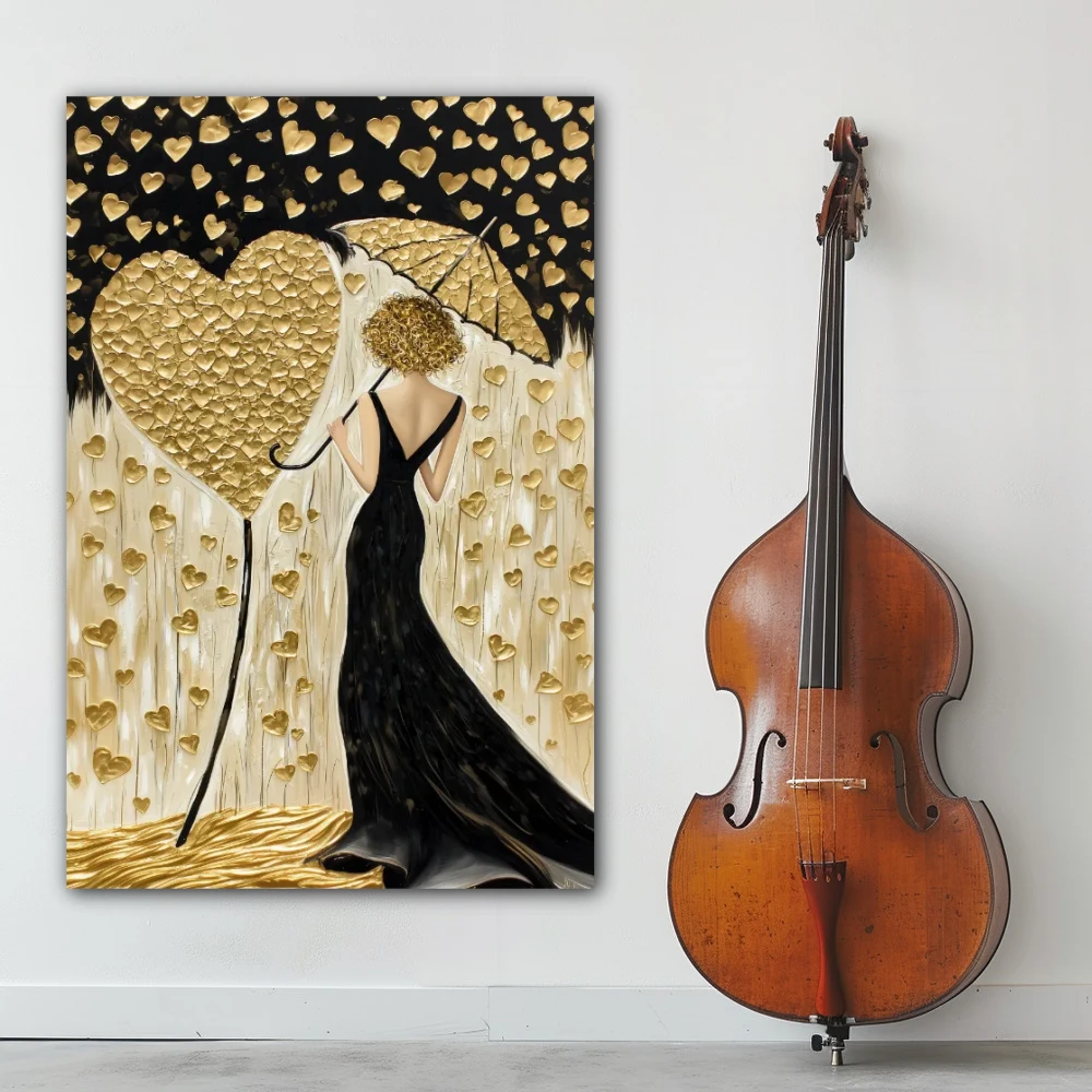 Wall Art titled: Reflection of Ill-Fated Loves in a Vertical format with: Yellow, Golden, and Black Colors; Decoration the White Wall wall
