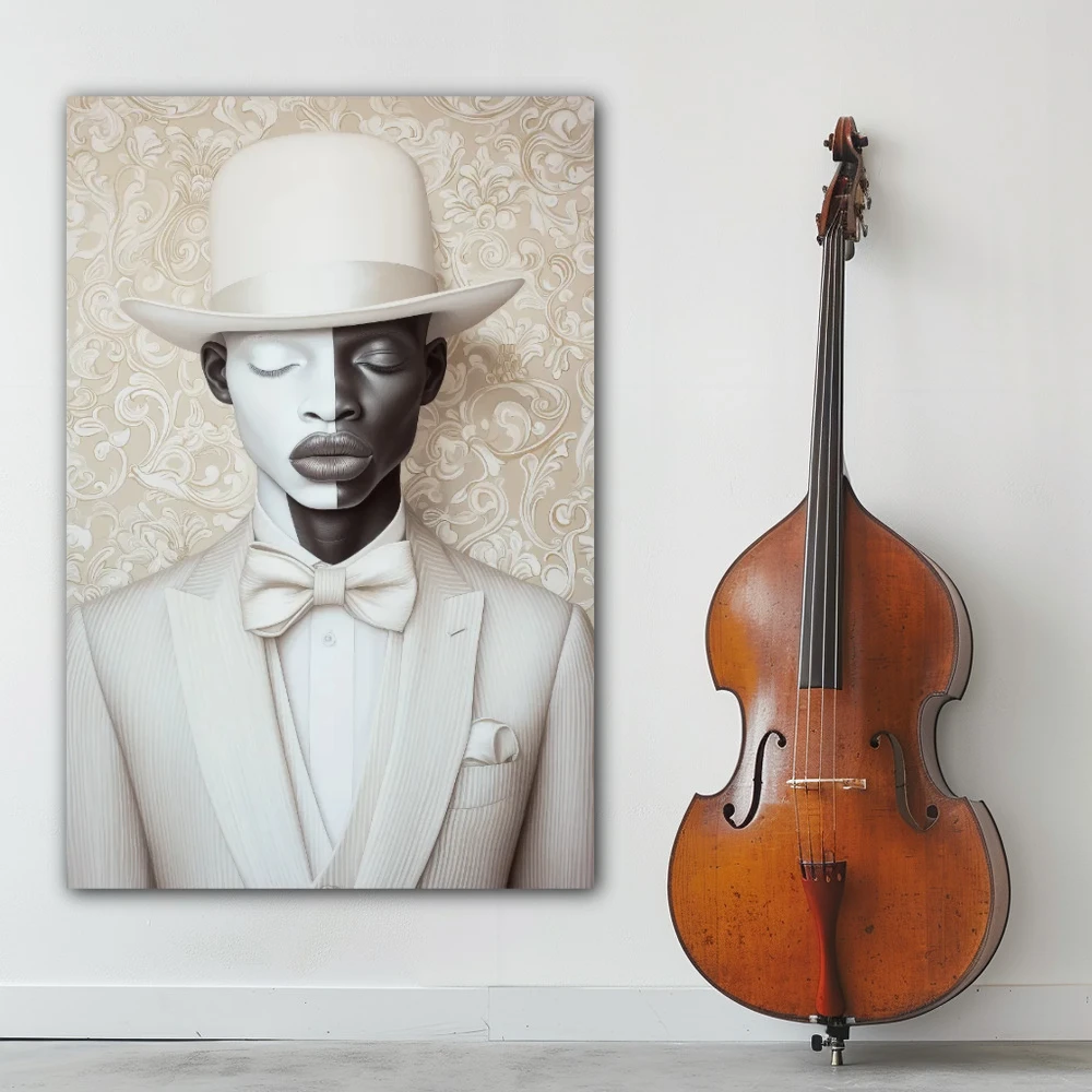 Cuadro la simetría del ser en formato vertical con colores blanco, negro, blanco y negro; decorando pared blanca