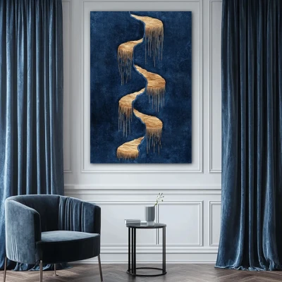 Cuadro resiliencia del tiempo en formato vertical con colores dorado, azul marino; decorando pared blanca