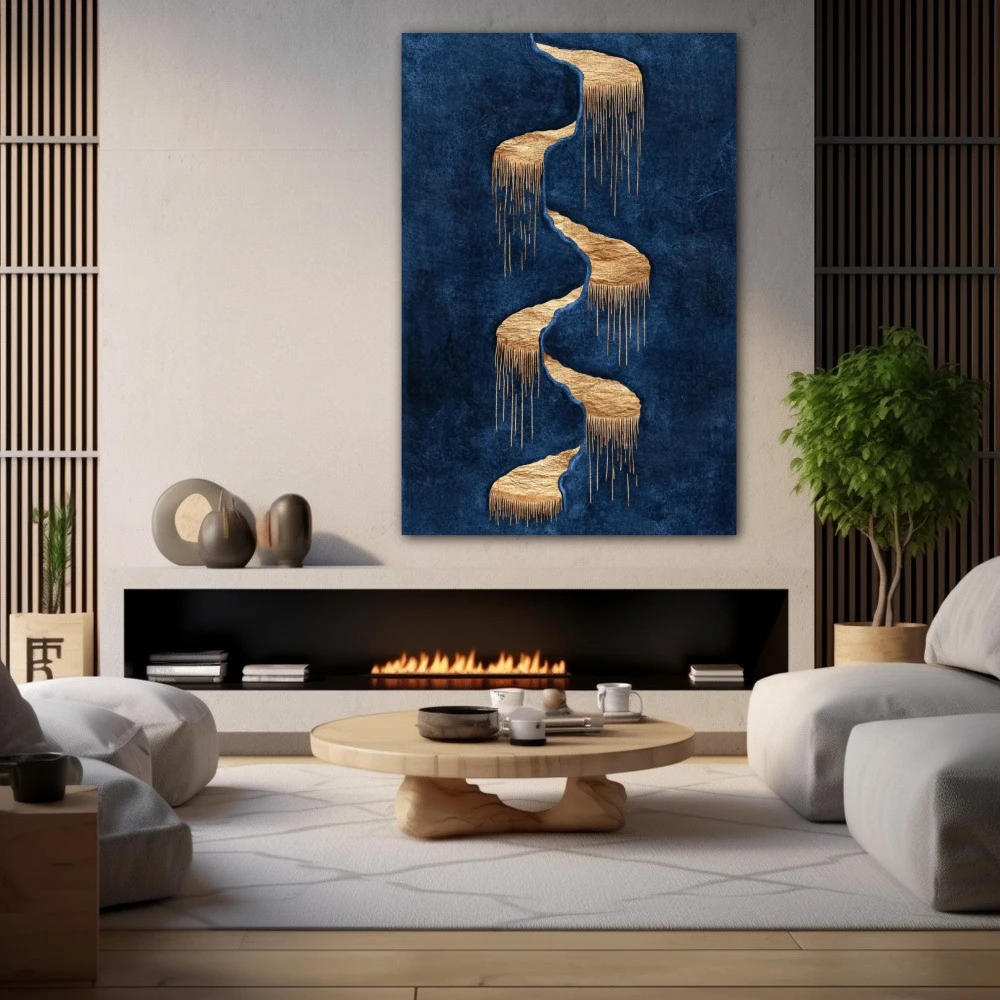 Cuadro resiliencia del tiempo en formato vertical con colores dorado, azul marino; decorando pared de chimenea
