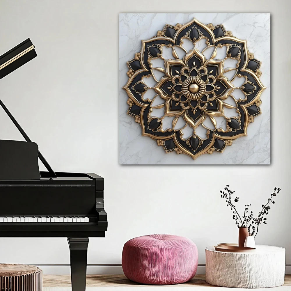 Cuadro mandala del despertar en formato cuadrado con colores blanco, dorado, negro; decorando pared blanca