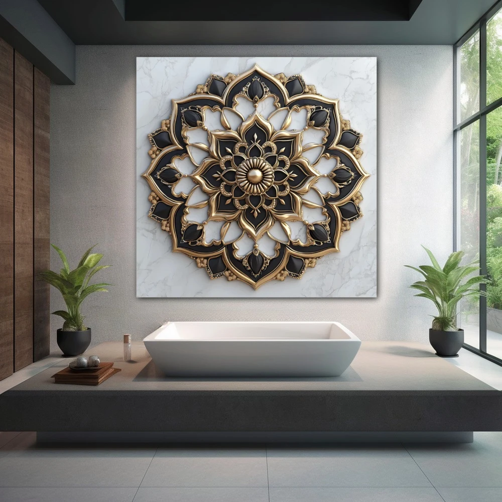 Cuadro mandala del despertar en formato cuadrado con colores blanco, dorado, negro; decorando pared de spa