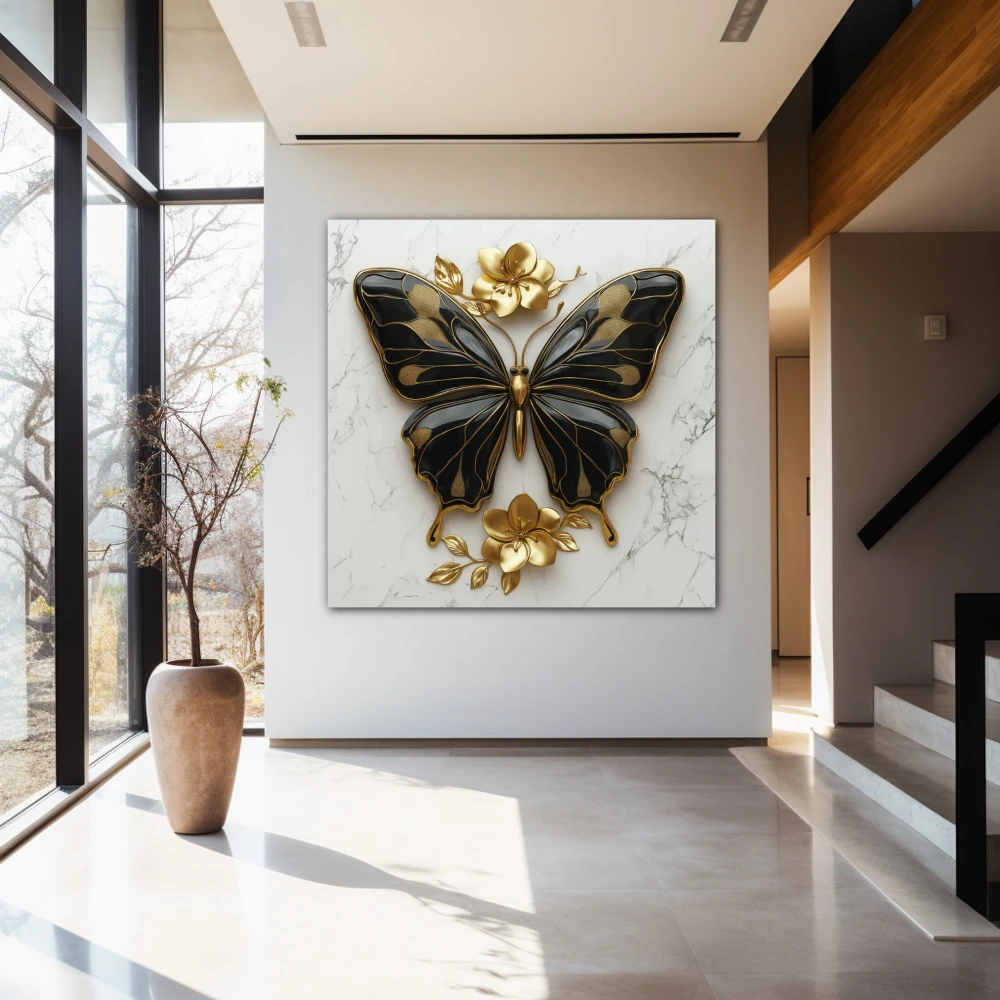 Wall Art titled: Wings of Renewal in a Square format with: white, Golden, and Black Colors; Decoration the Entryway wall