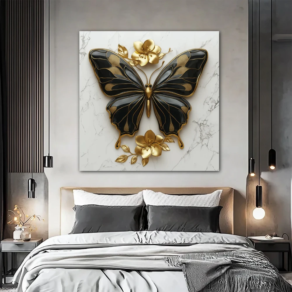 Wall Art titled: Wings of Renewal in a Square format with: white, Golden, and Black Colors; Decoration the Bedroom wall