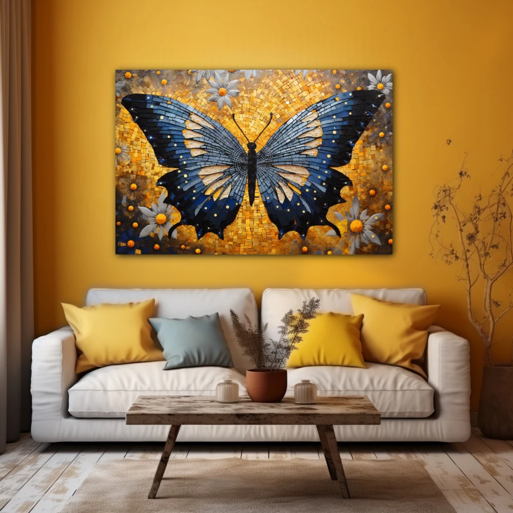 Wall Art titled: Effervescent Butterfly in a Horizontal format with: Blue, Golden, and Grey Colors; Decoration the Yellow Walls wall