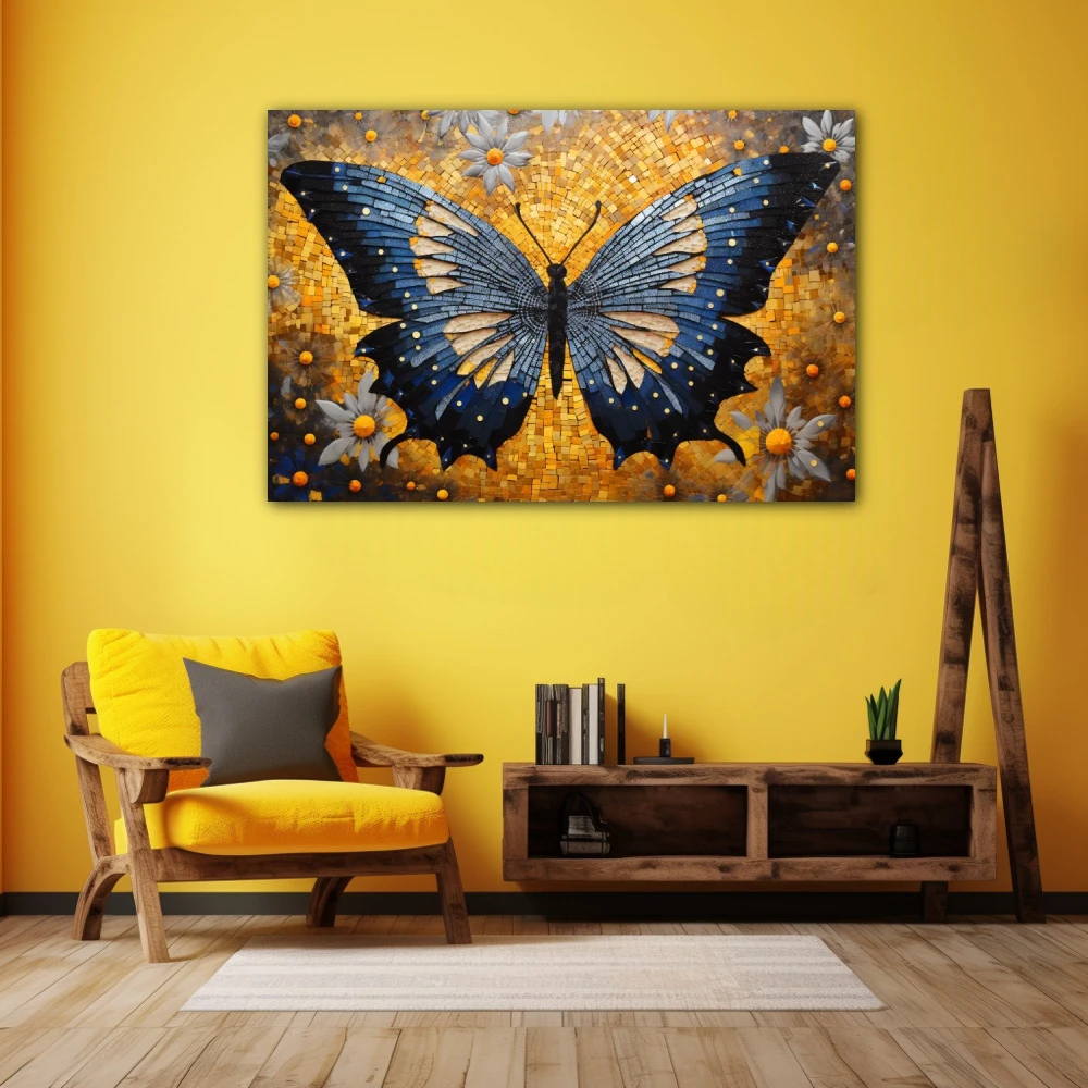 Wall Art titled: Effervescent Butterfly in a Horizontal format with: Blue, Golden, and Grey Colors; Decoration the Yellow Walls wall