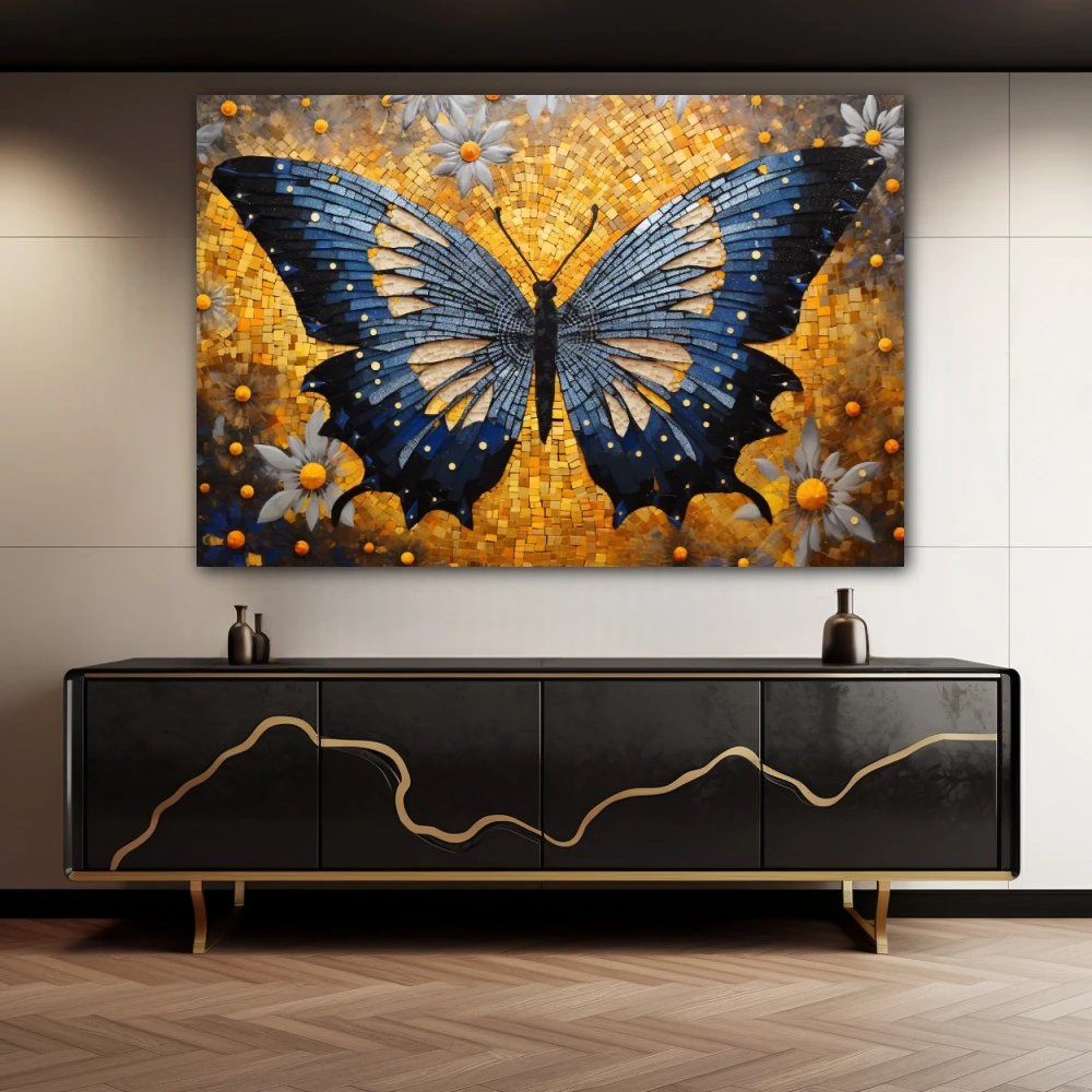 Wall Art titled: Effervescent Butterfly in a Horizontal format with: Blue, Golden, and Grey Colors; Decoration the Sideboard wall