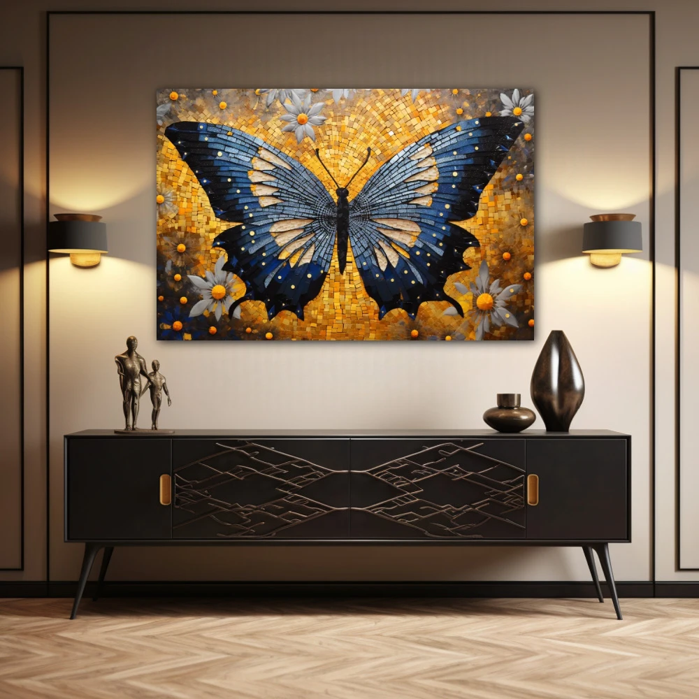 Wall Art titled: Effervescent Butterfly in a Horizontal format with: Blue, Golden, and Grey Colors; Decoration the Sideboard wall