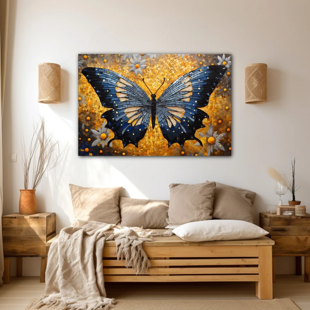 Wall Art titled: Effervescent Butterfly in a Horizontal format with: Blue, Golden, and Grey Colors; Decoration the Beige Wall wall