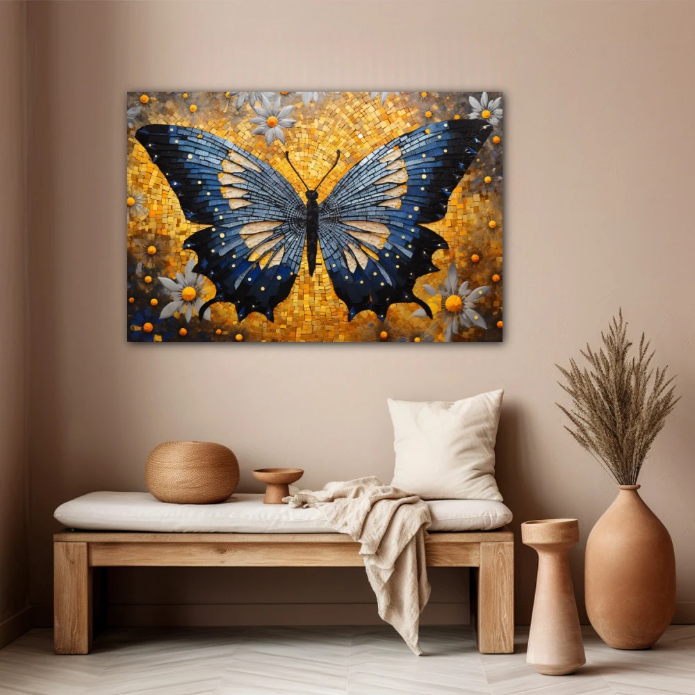 Wall Art titled: Effervescent Butterfly in a Horizontal format with: Blue, Golden, and Grey Colors; Decoration the Beige Wall wall