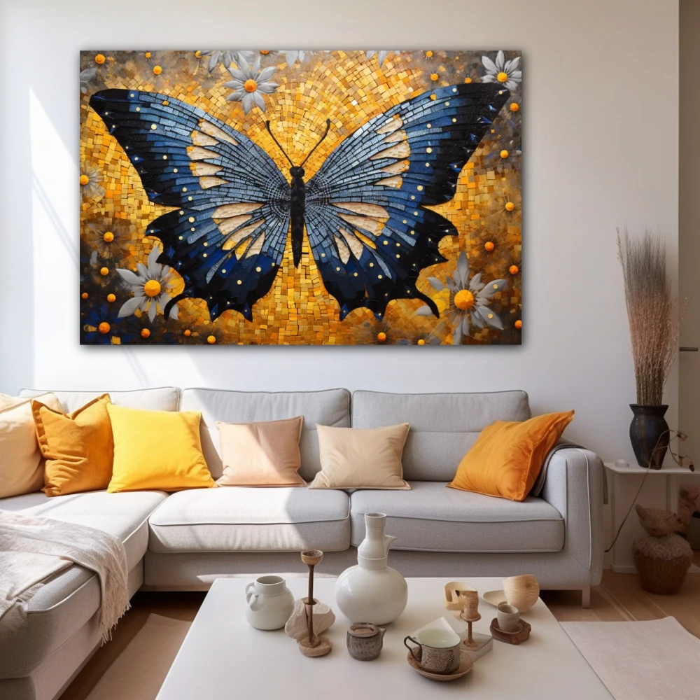 Wall Art titled: Effervescent Butterfly in a Horizontal format with: Blue, Golden, and Grey Colors; Decoration the White Wall wall