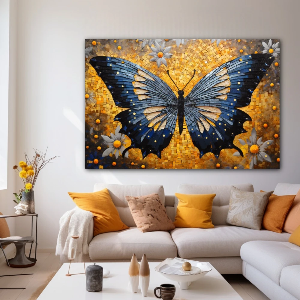 Wall Art titled: Effervescent Butterfly in a Horizontal format with: Blue, Golden, and Grey Colors; Decoration the White Wall wall