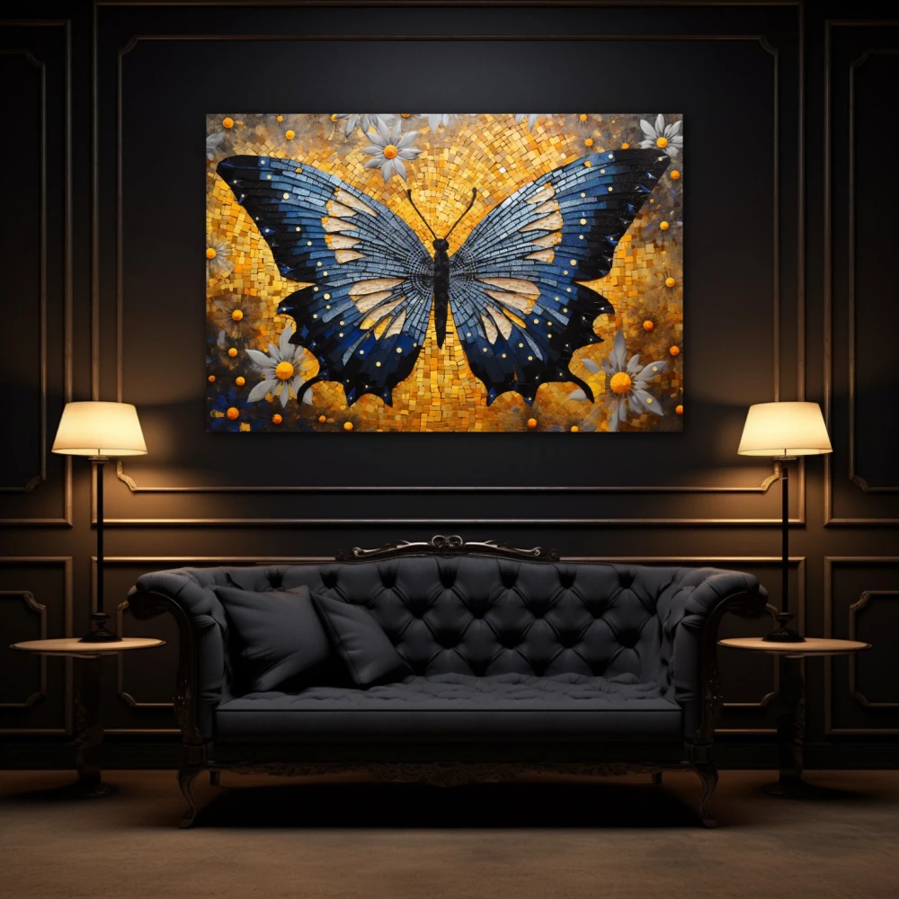 Wall Art titled: Effervescent Butterfly in a Horizontal format with: Blue, Golden, and Grey Colors; Decoration the Above Couch wall