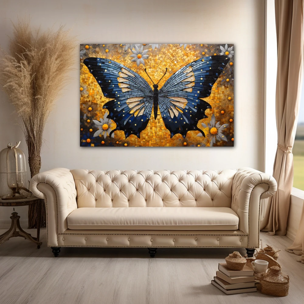 Wall Art titled: Effervescent Butterfly in a Horizontal format with: Blue, Golden, and Grey Colors; Decoration the Above Couch wall