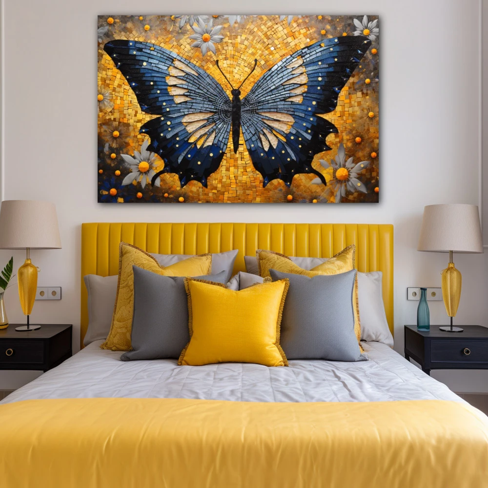 Wall Art titled: Effervescent Butterfly in a Horizontal format with: Blue, Golden, and Grey Colors; Decoration the Bedroom wall