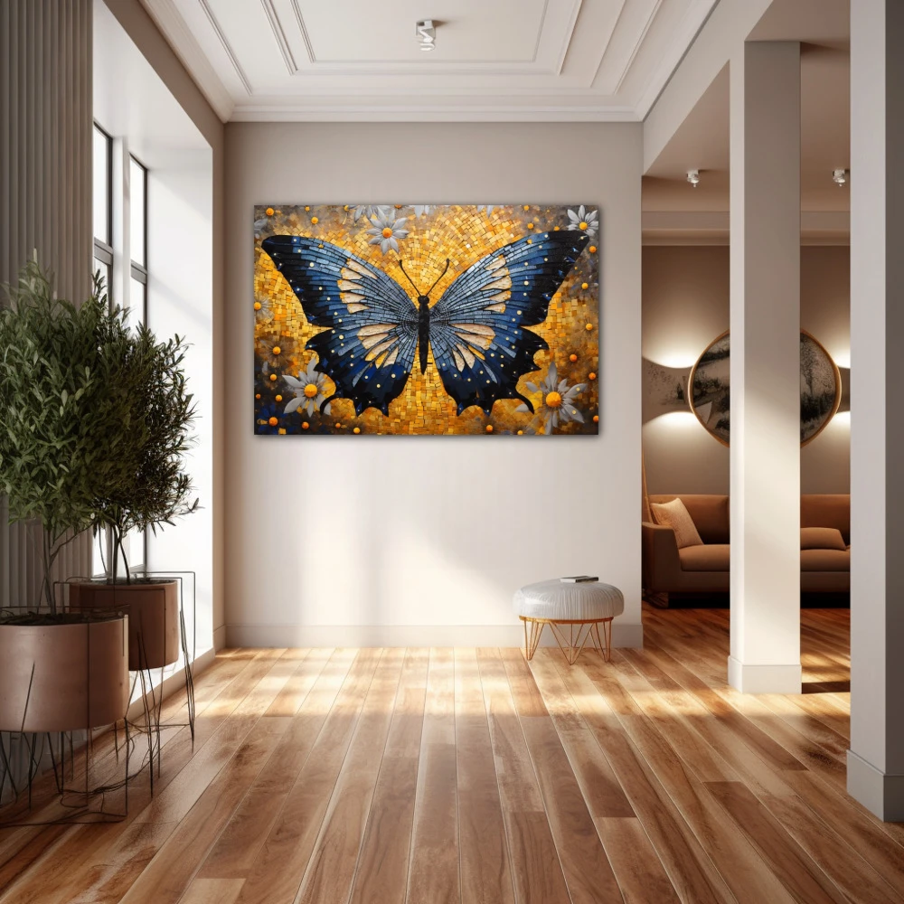 Wall Art titled: Effervescent Butterfly in a Horizontal format with: Blue, Golden, and Grey Colors; Decoration the Hallway wall