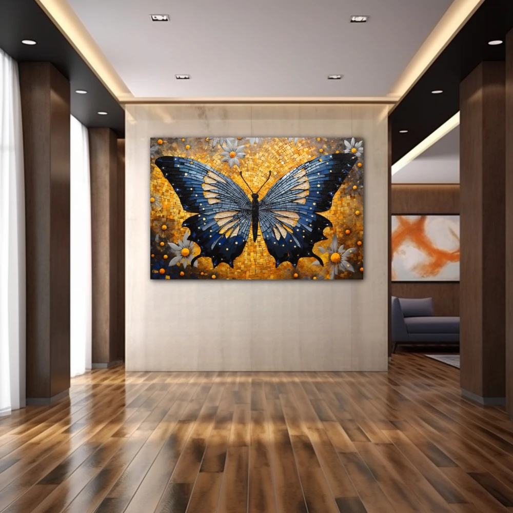 Wall Art titled: Effervescent Butterfly in a Horizontal format with: Blue, Golden, and Grey Colors; Decoration the Hallway wall