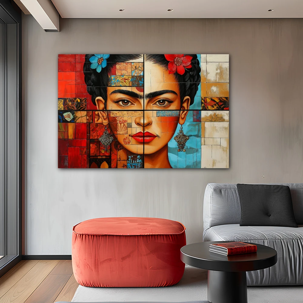 Cuadro dualidad inquebrantable en formato horizontal con colores celeste, rojo; decorando pared gris