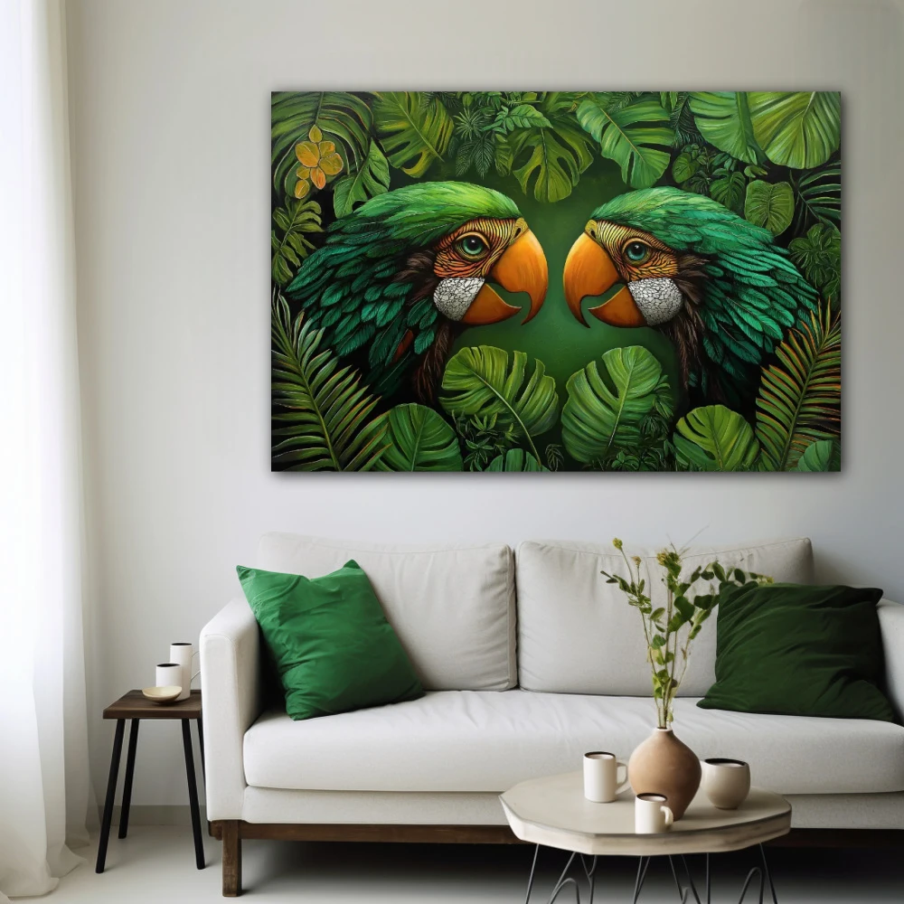 Cuadro susurros de la selva en formato horizontal con colores verde; decorando pared blanca