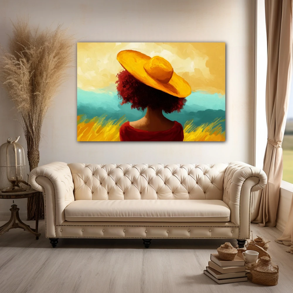 Cuadro el silencio del horizonte en formato horizontal con colores amarillo, celeste, mostaza; decorando pared de encima del sofá