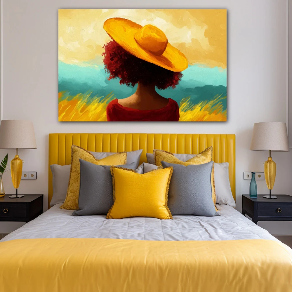 Wall Art titled: The Silence of the Horizon in a Horizontal format with: Yellow, Sky blue, and Mustard Colors; Decoration the Bedroom wall