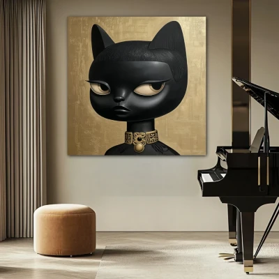 Wall Art titled: The Aristocat's Disapproval in a Square format with: Golden, and Black Colors; Decoration the Beige Wall wall Wall Art titled: The Aristocat's Disapproval in a Square format with: Golden, and Black Colors; Decoration the Beige Wall wall