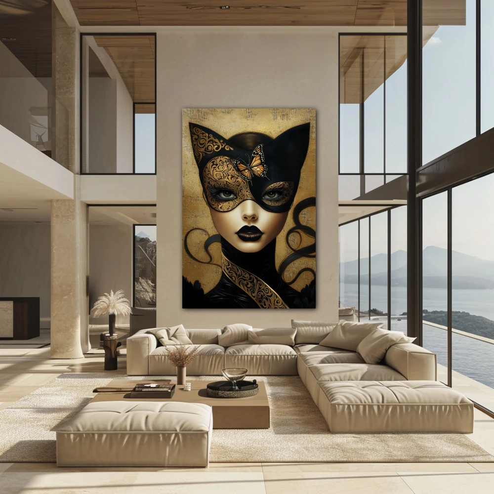 Wall Art titled: Masked Freedom in a Vertical format with: Golden, and Black Colors; Decoration the Above Couch wall