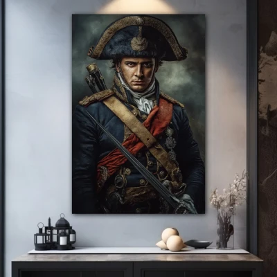 Cuadro El Arte de la Guerra en formato vertical con colores Azul, Gris; Decorando Pared gris