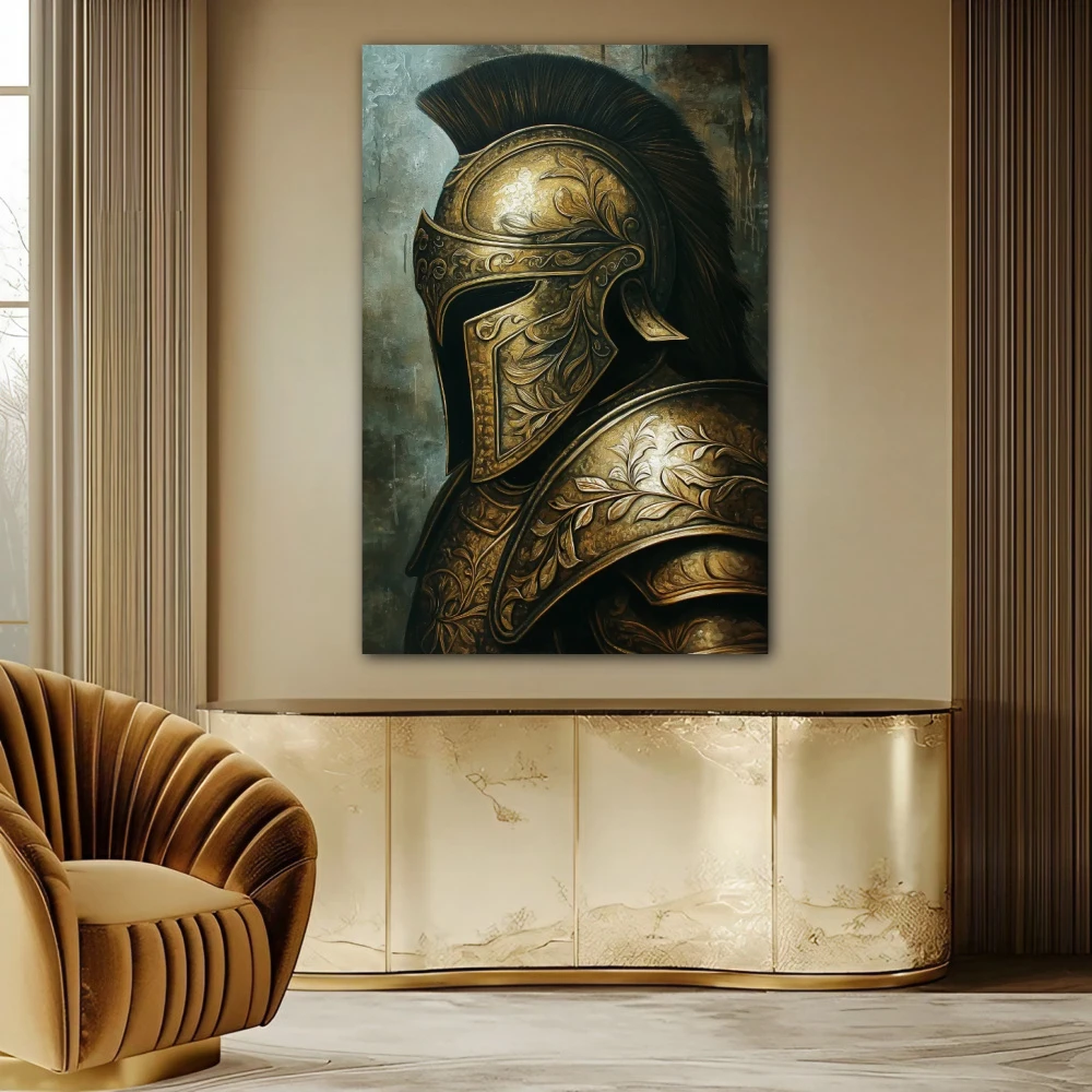 Wall Art titled: Silence of the Warrior in a Vertical format with: and Golden Colors; Decoration the Sideboard wall