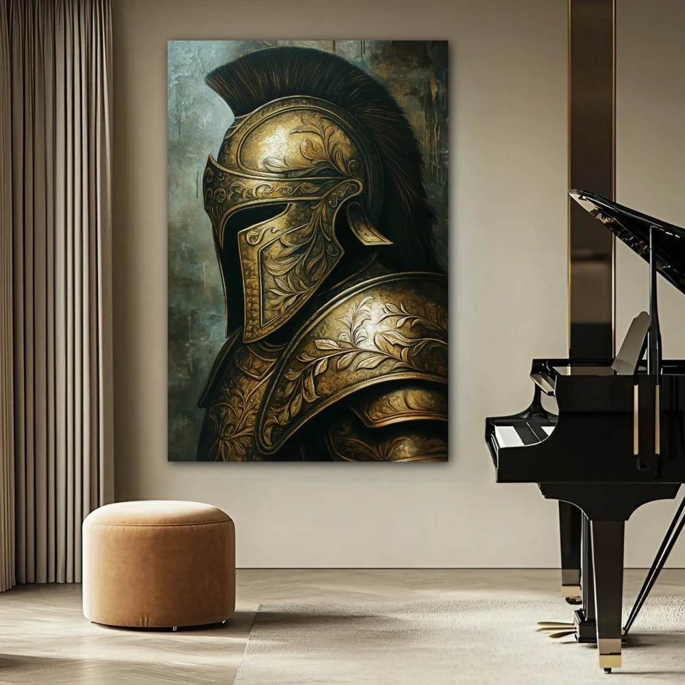 Wall Art titled: Silence of the Warrior in a Vertical format with: and Golden Colors; Decoration the Beige Wall wall