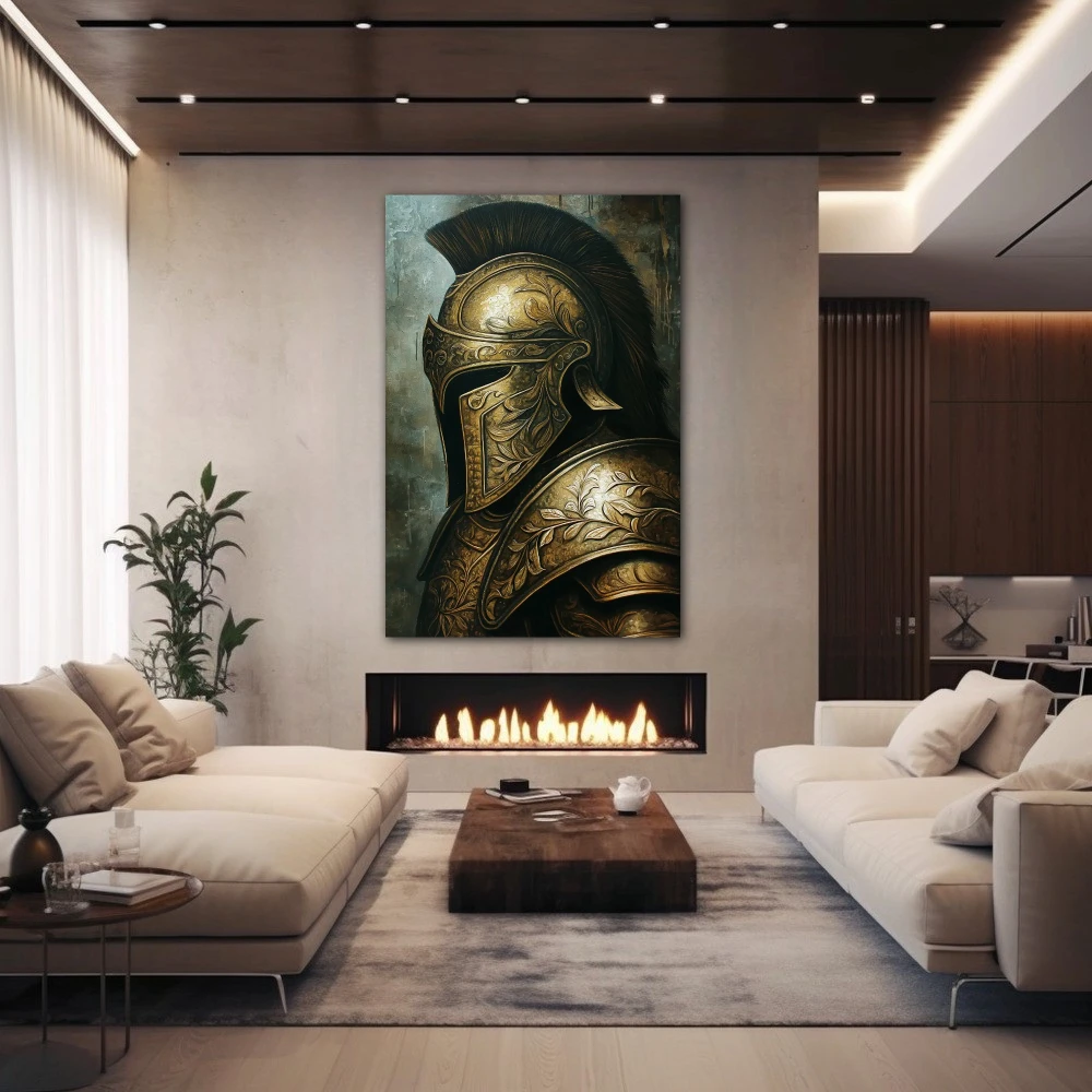 Wall Art titled: Silence of the Warrior in a Vertical format with: and Golden Colors; Decoration the Fireplace wall