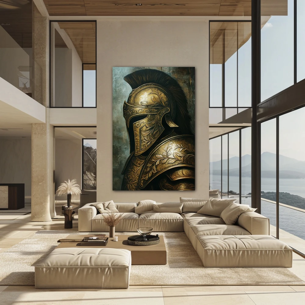 Wall Art titled: Silence of the Warrior in a Vertical format with: and Golden Colors; Decoration the Above Couch wall