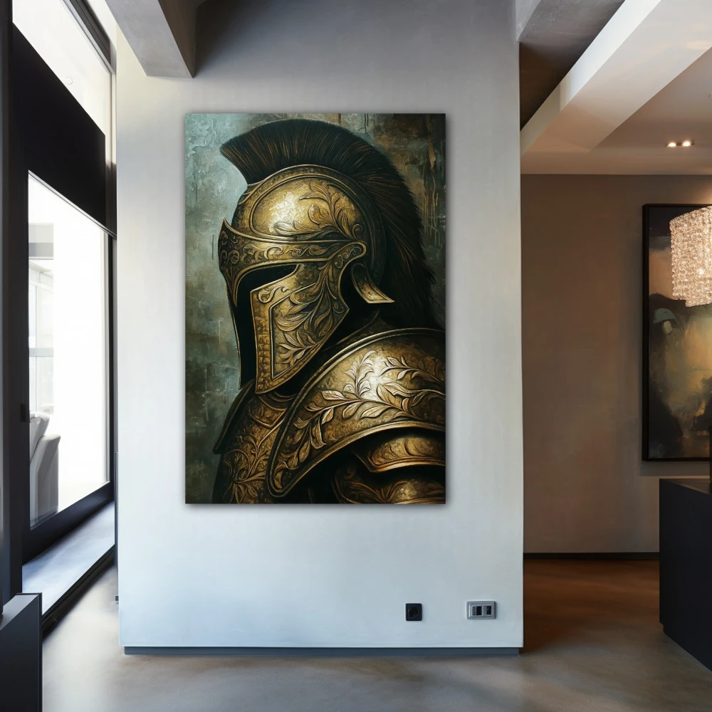 Wall Art titled: Silence of the Warrior in a Vertical format with: and Golden Colors; Decoration the Entryway wall