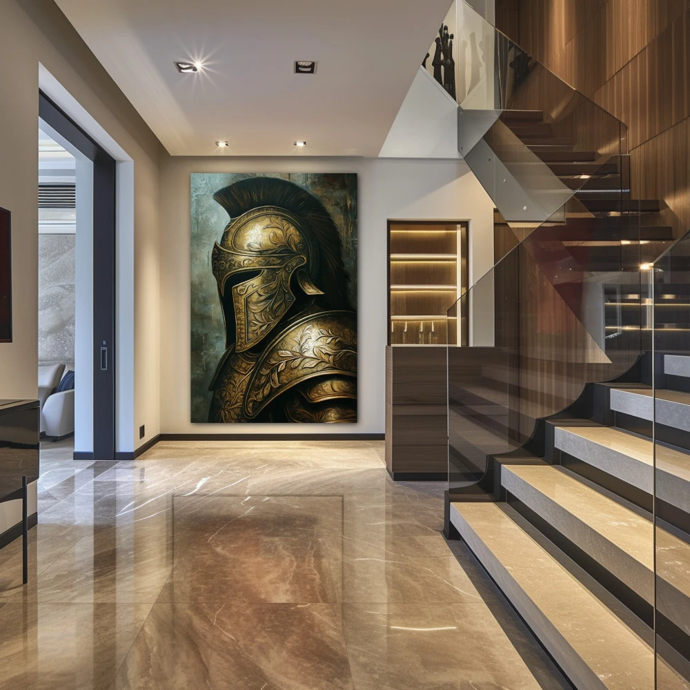 Wall Art titled: Silence of the Warrior in a Vertical format with: and Golden Colors; Decoration the Staircase wall